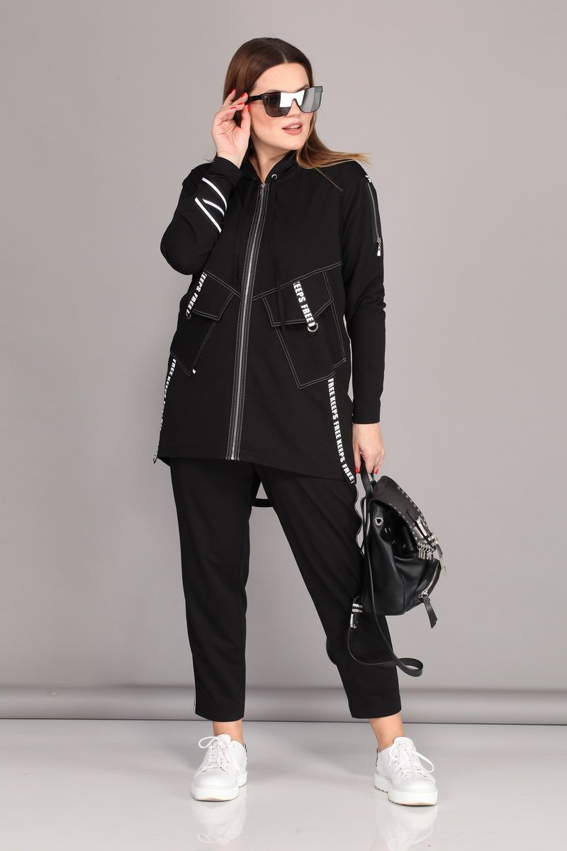 Комплект из брюк и удлиненной куртки с капюшоном, черный