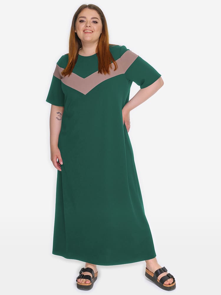 Длинное платье с кофейной вставкой, зеленое