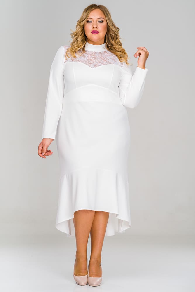 Платье с асимметричным низом и кокеткой из кружева, белое