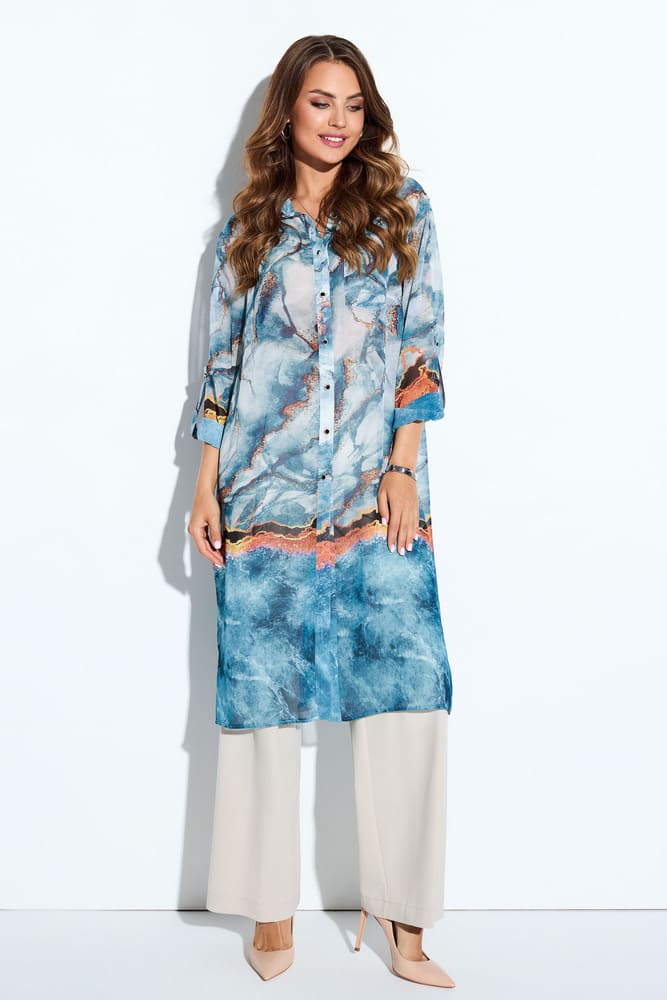 Комплект из брюк и блузки с высокими боковыми разрезами, голубой