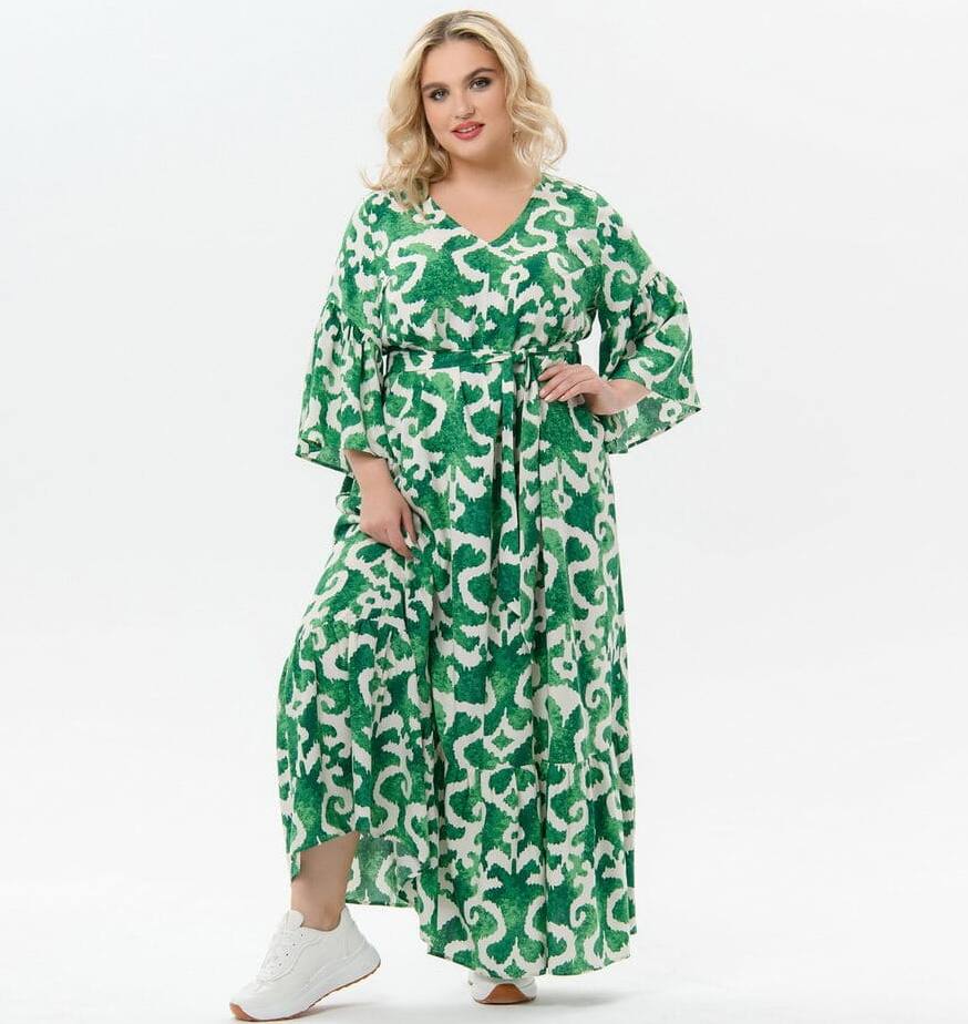 Длинное легкое платье с присборенным воланом на юбке, зеленая абстракция