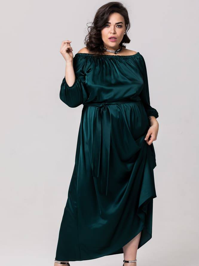 Длинное платье с резинкой на горловине и поясом, зеленое