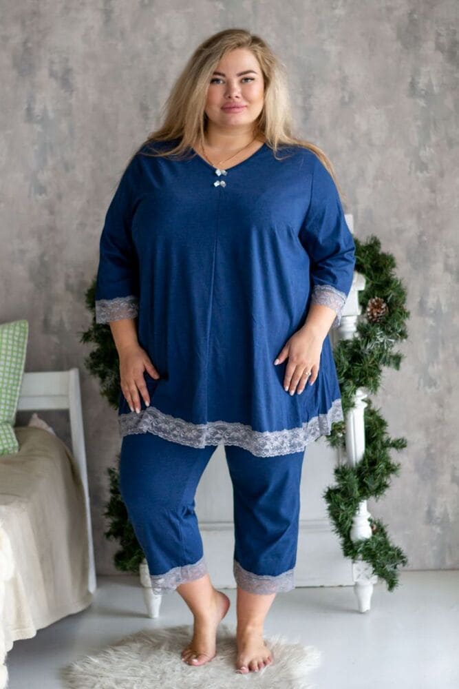 Легкая пижама с тонким кружевом, синяя