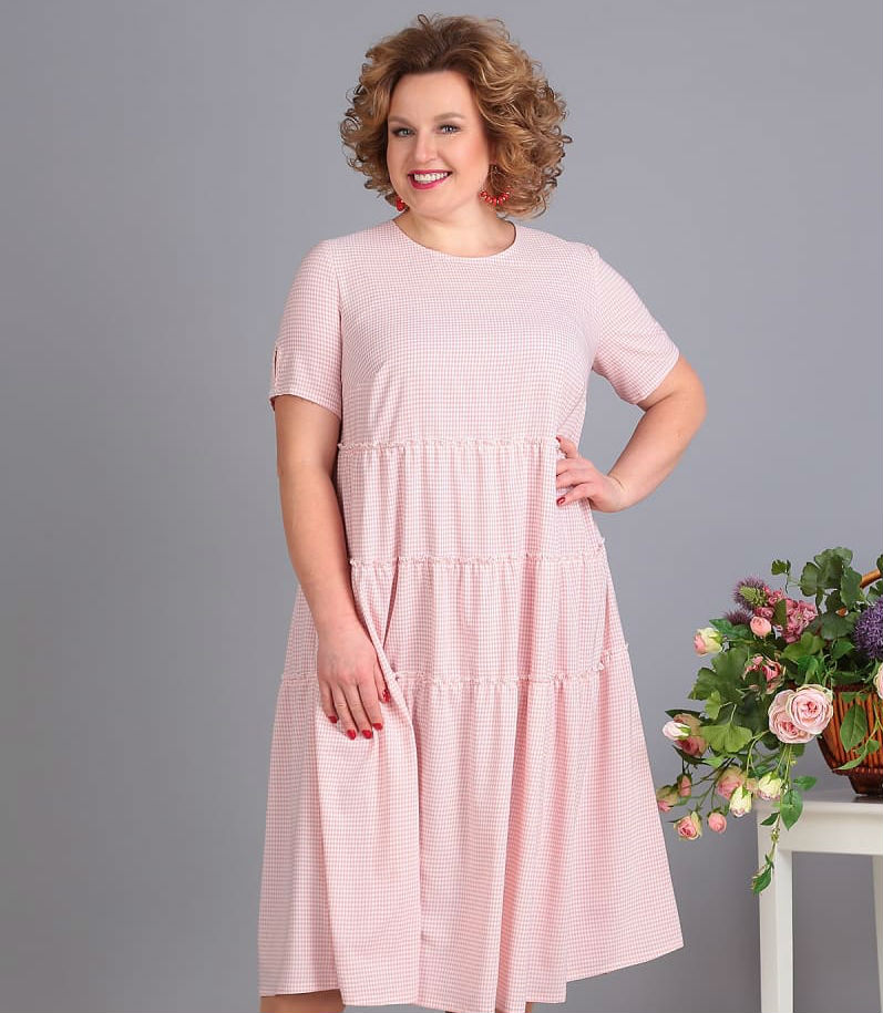 Свободное многоярусное платье с коротким рукавом, розовое