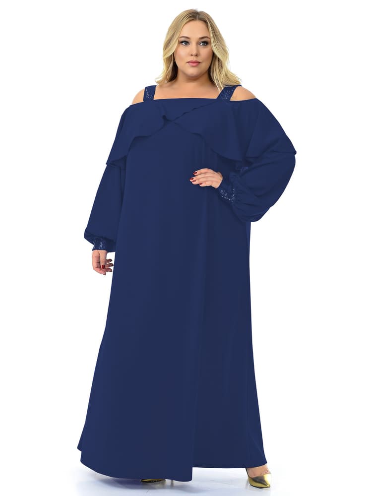 Длинное платье с пайетками на бретелях и манжетах, темно-синее