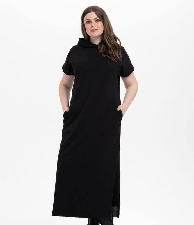 Длинное платье с капюшоном и разрезами, черное