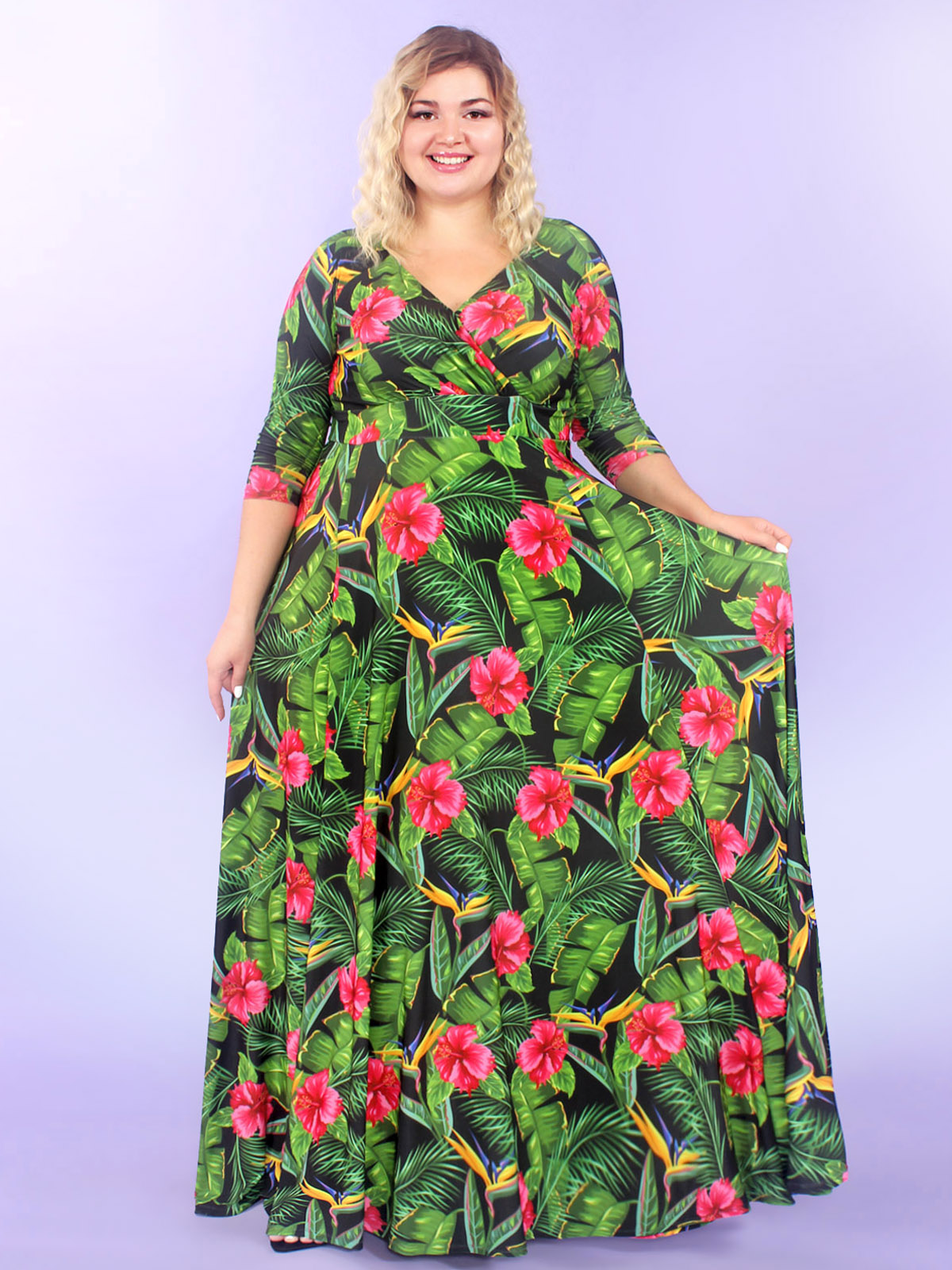 Приталенное платье в пол с тропическими цветами, зеленое