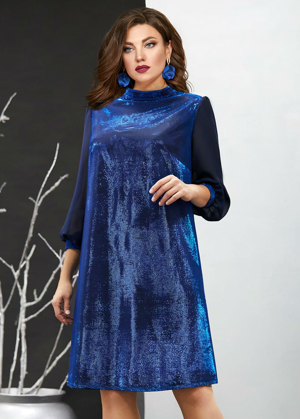 Свободное платье с люрексом и шифоновыми рукавами, синее