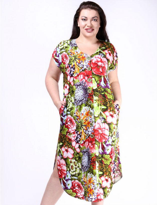 Платье-халат с фигурным низом, цветы