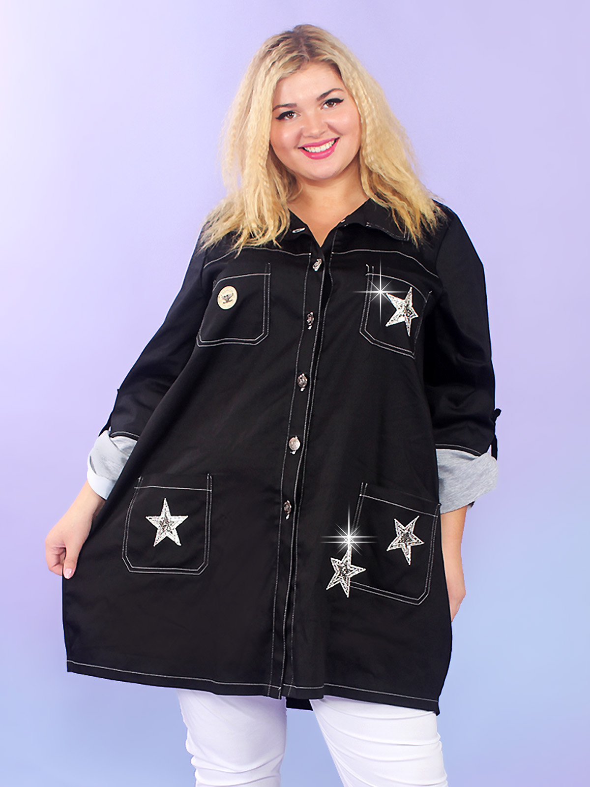 Джинсовая куртка со звездами из страз, черная