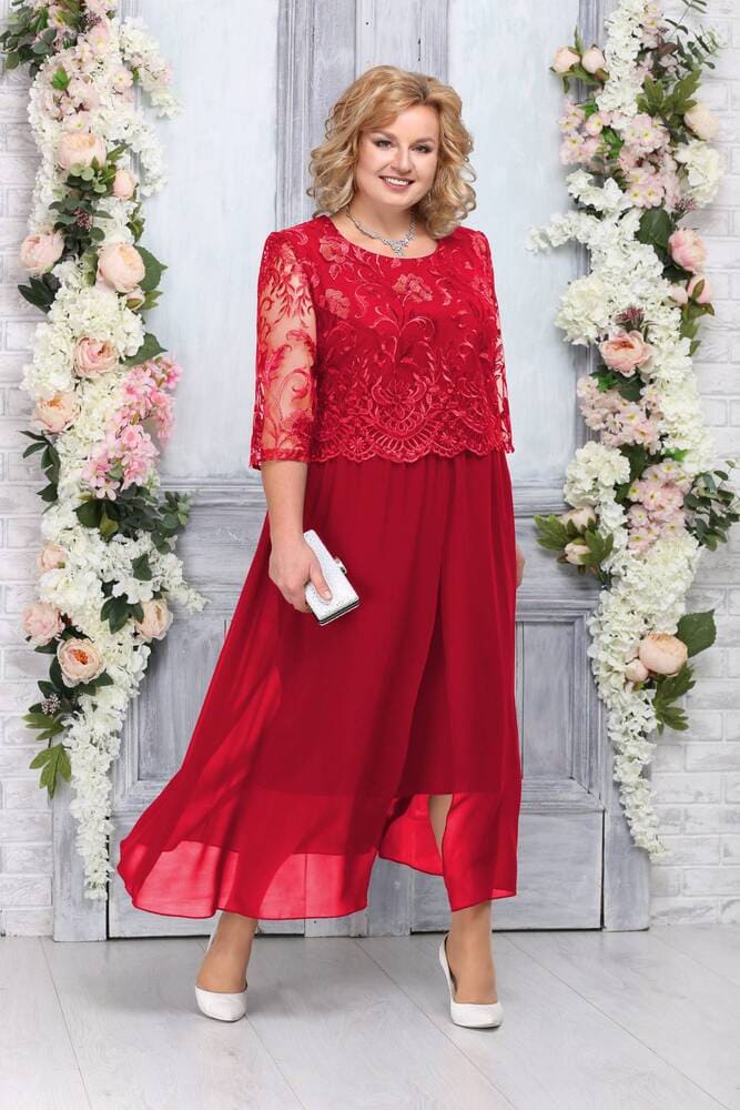 Комбинированное платье с высоким разрезом на юбке, красное