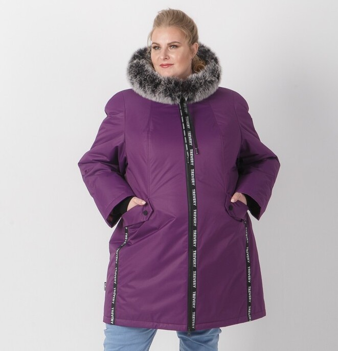 Зимняя куртка с силиконовыми лентами и эко-мехом, фиолетовая