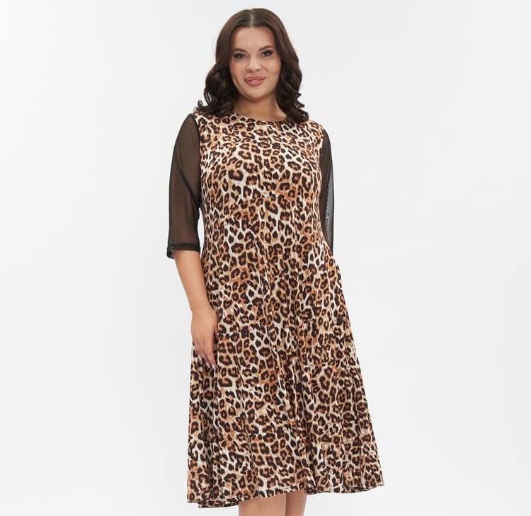 Трикотажное платье с укороченным рукавом из сетки, леопард