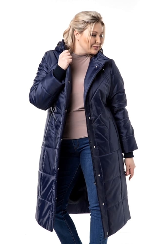 Пальто с горизонтальной стежкой и капюшоном, темно-синее