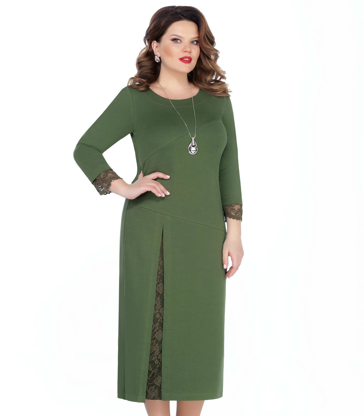 Платье с асимметричными подрезами и кружевом, зеленое