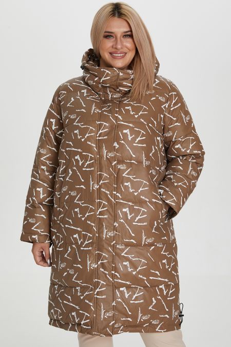 Прямое пальто с рисунком, коричневое