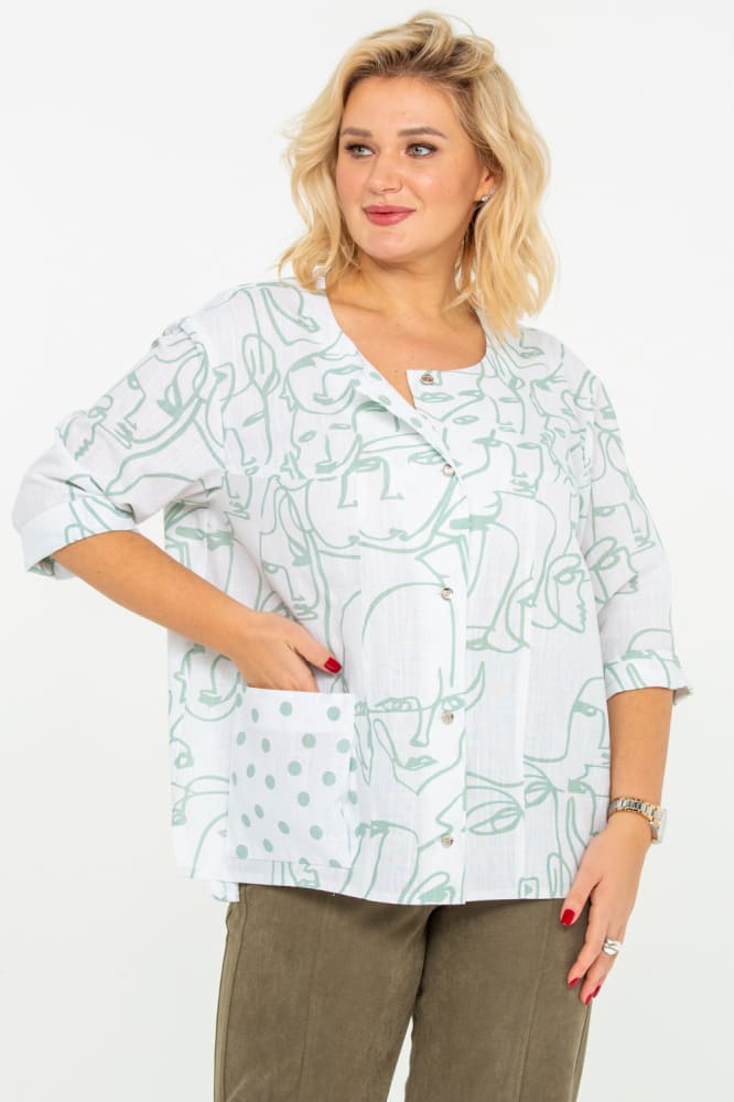 Свободная хлопковая блузка с разрезами, зеленый рисунок