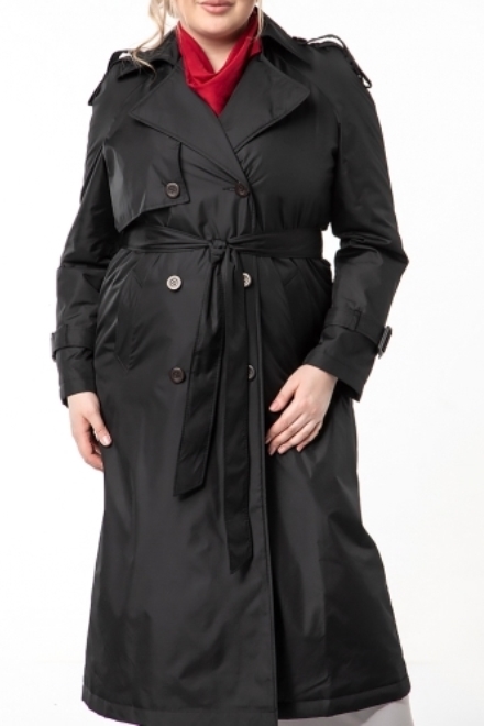 Двубортное пальто с длинным поясом, черное