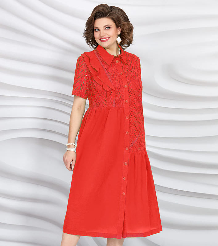 Асимметричное платье с двойным воланом на лифе, красное