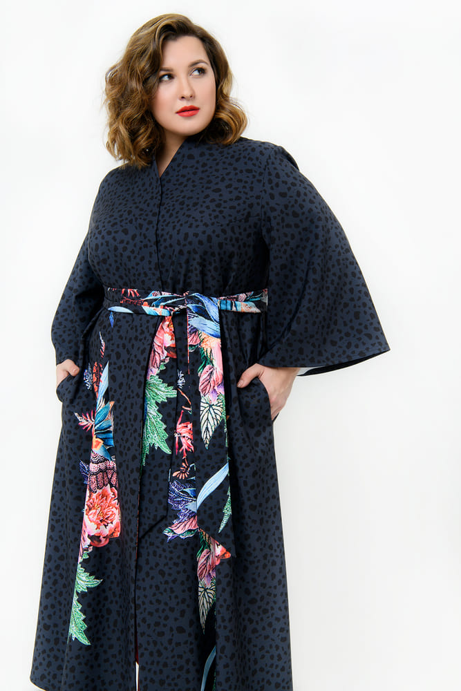 Длинный кардиган с поясом в стиле кимоно, темно-синий