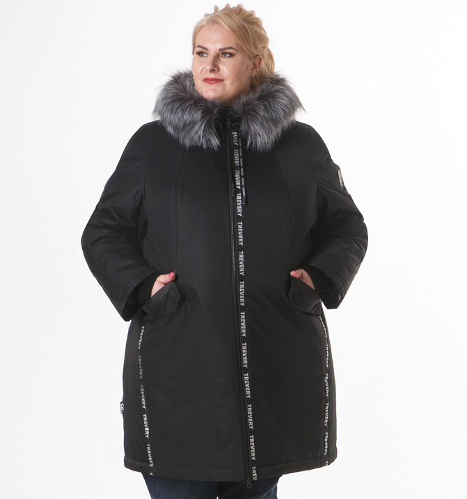 Зимняя куртка с силиконовыми лентами и эко-мехом, черная