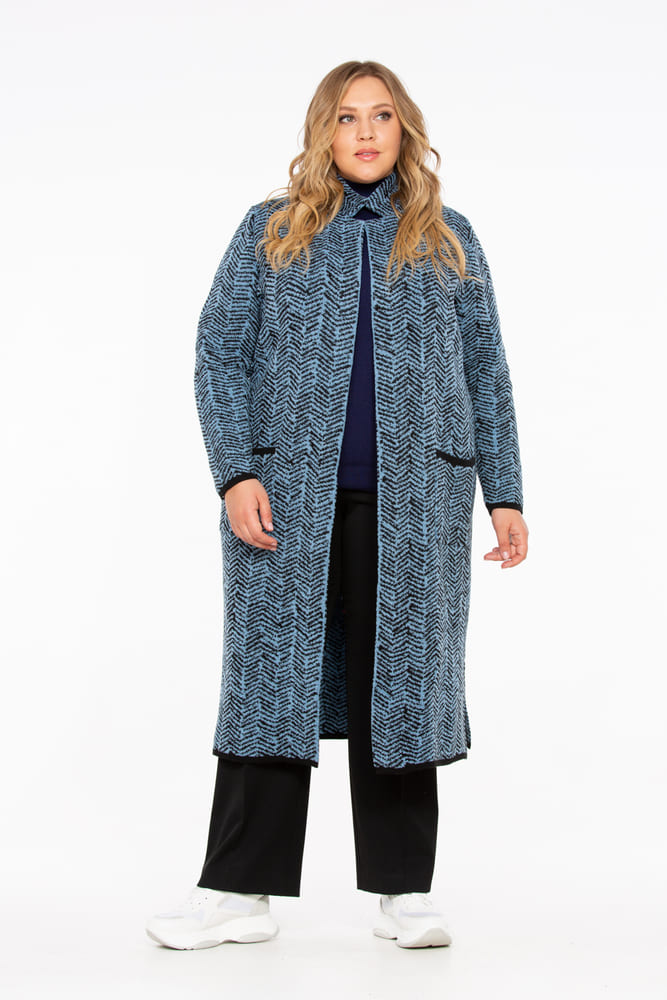 Длинное вязаное пальто с пиджачным воротником, голубое