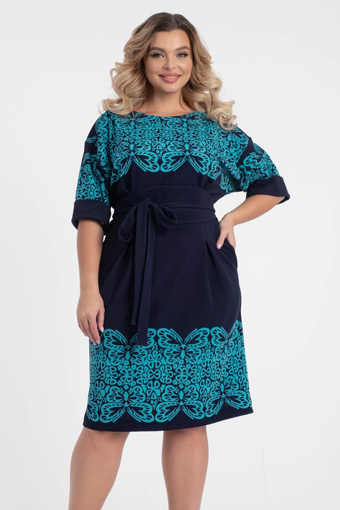 Платье со спущенным плечом и кушаком, сине-бирюзовое