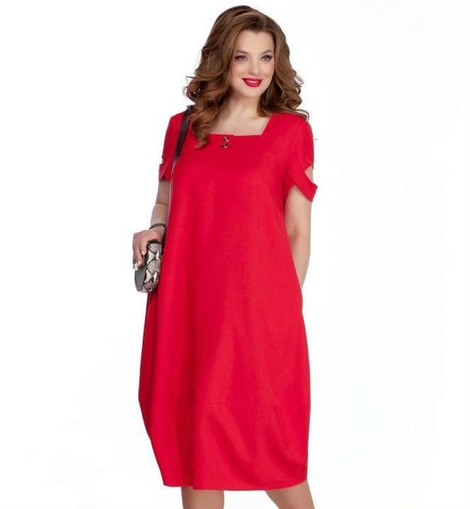 Свободное льняное платье с фигурным рукавом, красное