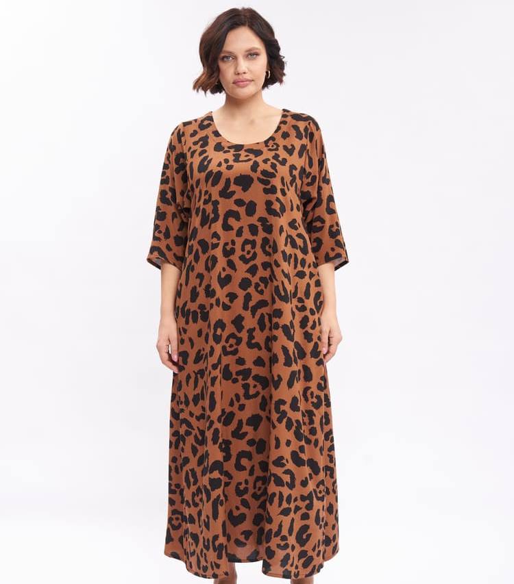 Платье с принтом спереди и карманами, коричневый леопард