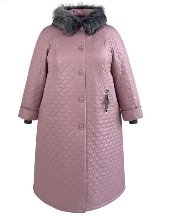 Длинное стеганое пальто с мехом на капюшоне, розовое