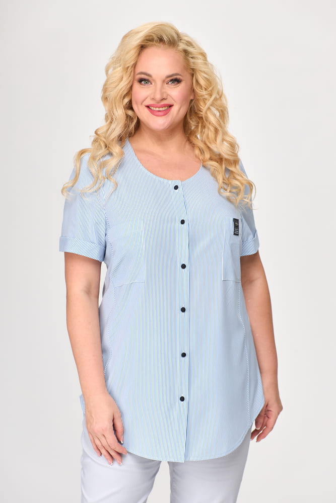 Повседневная блузка с накладными карманами, бело-голубая