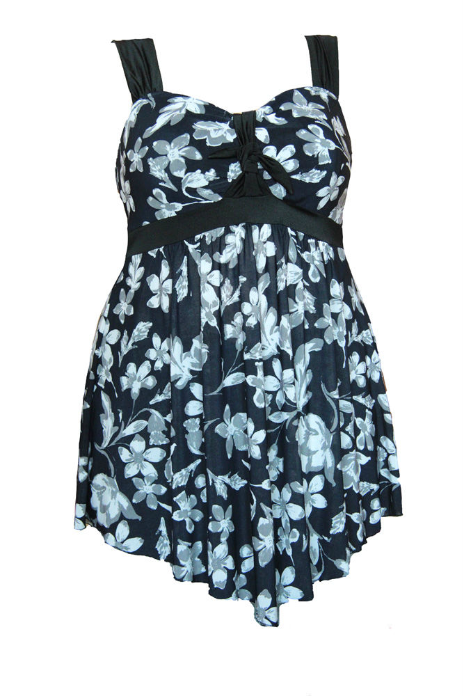 Чёрное платье-танкини с серыми цветами