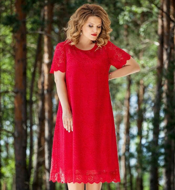 Кружевное платье с прозрачной кокеткой, красное