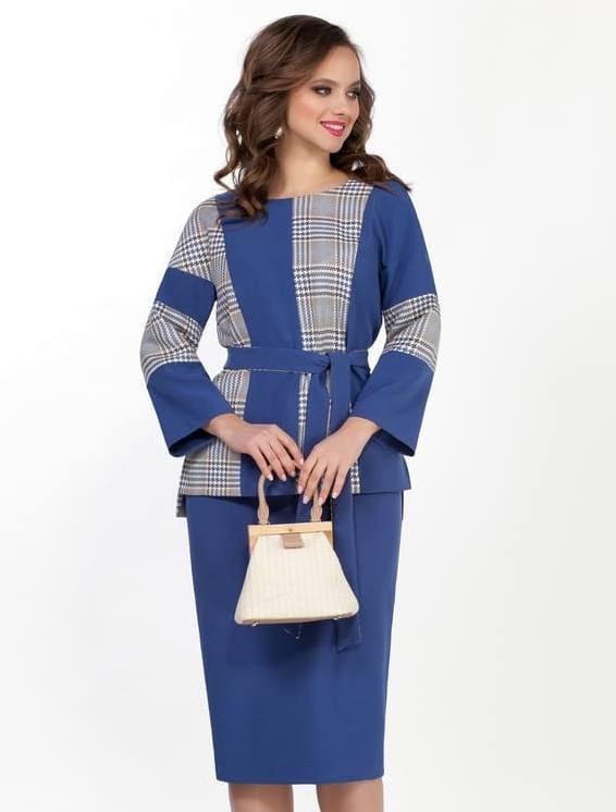 Комплект из юбки и комбинированной блузки с поясом, синий
