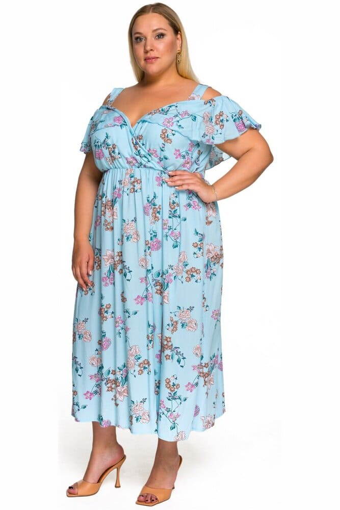 Платье-сарафан с воланом на лифе, цветы на голубом
