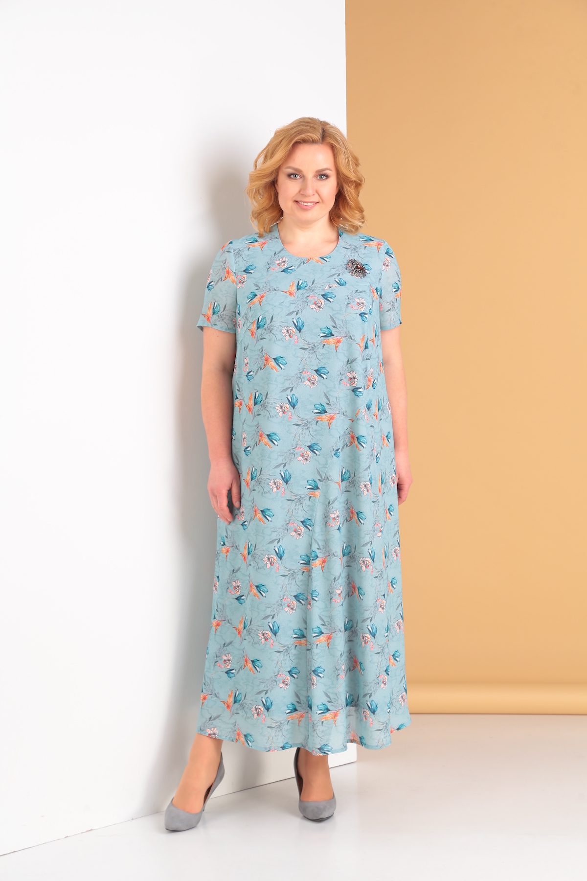 Длинное шифоновое платье с цветочным принтом, голубое