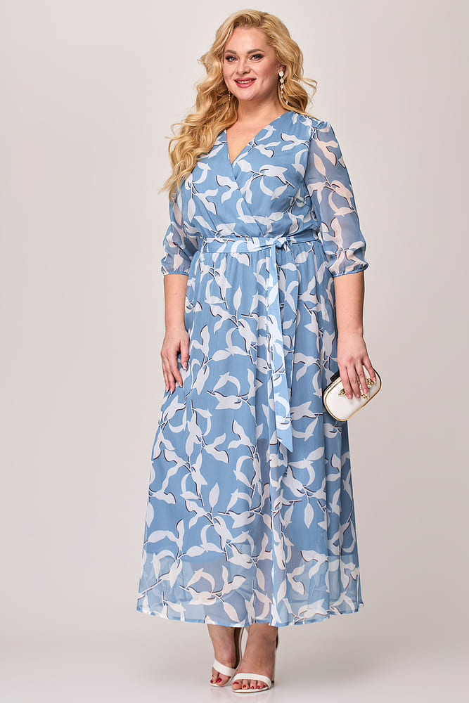 Длинное шифоновое платье со съемным поясом, голубое