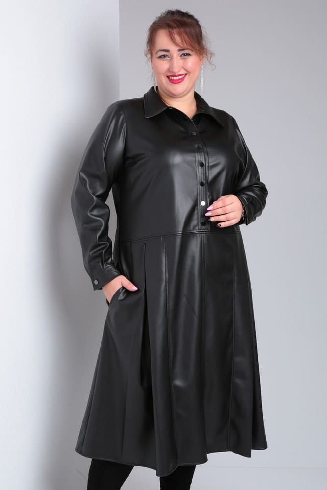 Кожаное платье с расклешенной юбкой и карманами, черное