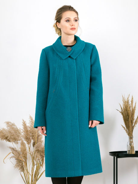 Прямое демисезонное пальто с декоративной строчкой, бирюза