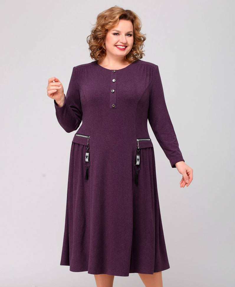 Трикотажное платье с имитацией карманов и сборками, фиолетовое