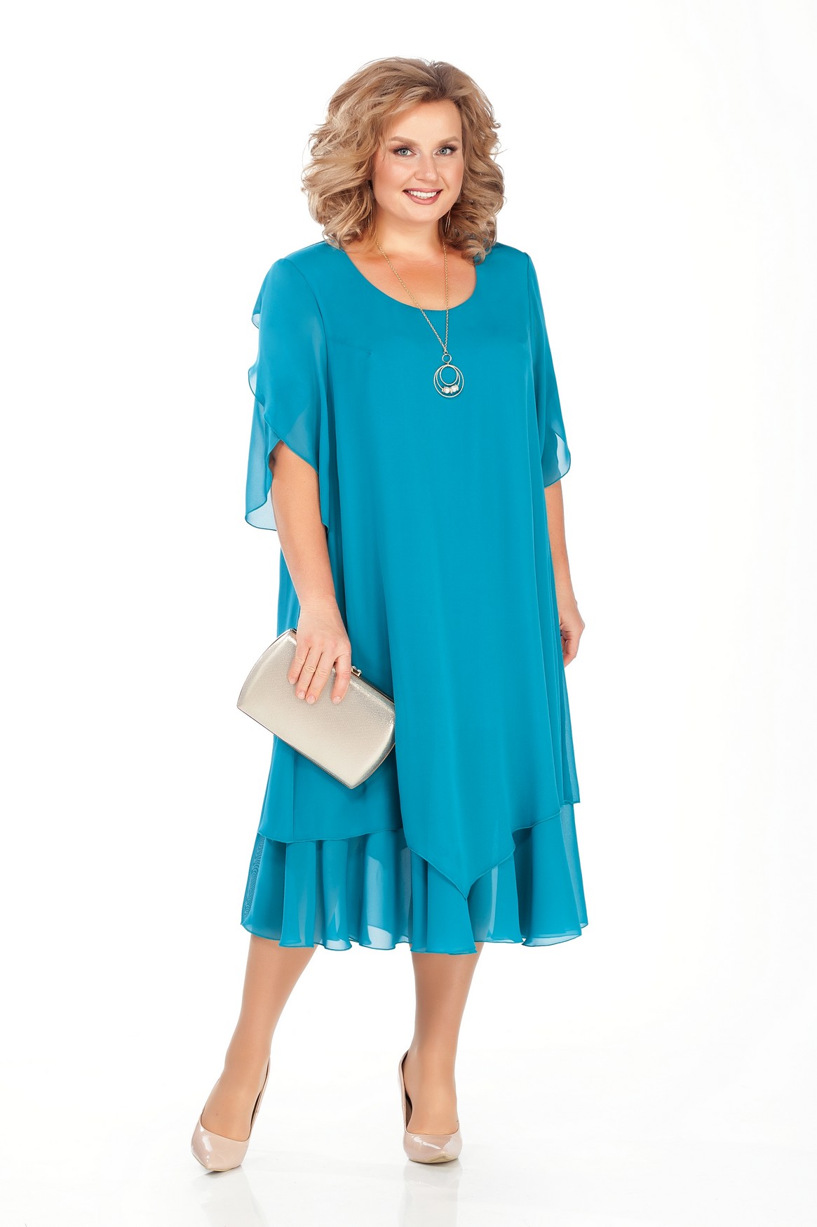 Шифоновое платье на подкладке с коротким рукавом, голубое
