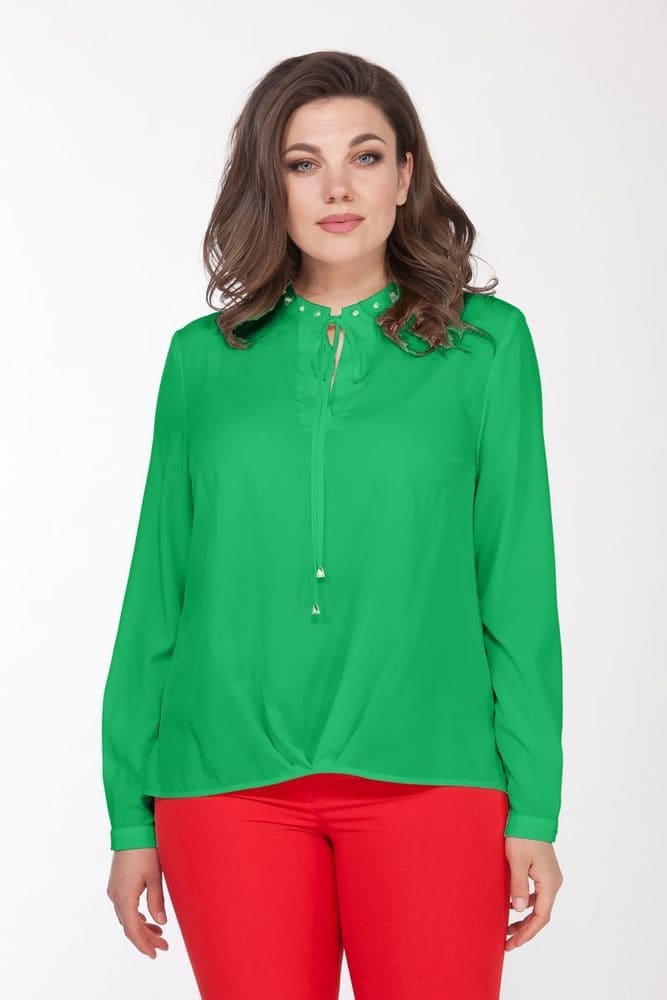 Свободная блузка со стразами и мягкими складками, зеленая