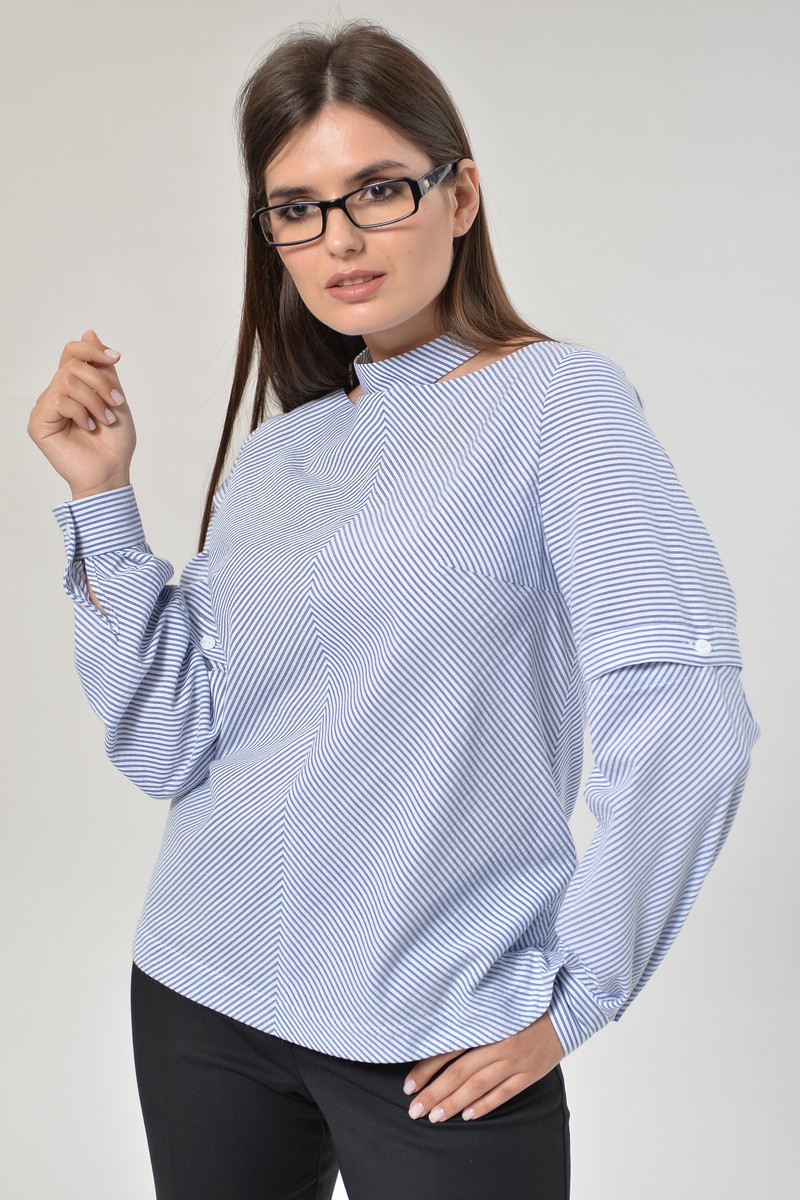 Блуза со съемным воротником-стойкой, синяя полоска