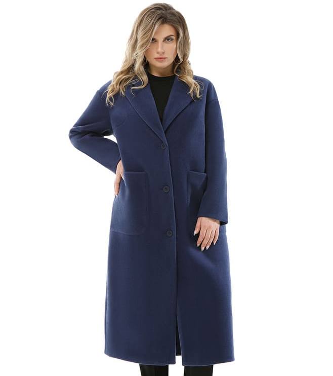 Прямое пальто с пиджачным воротником, синее