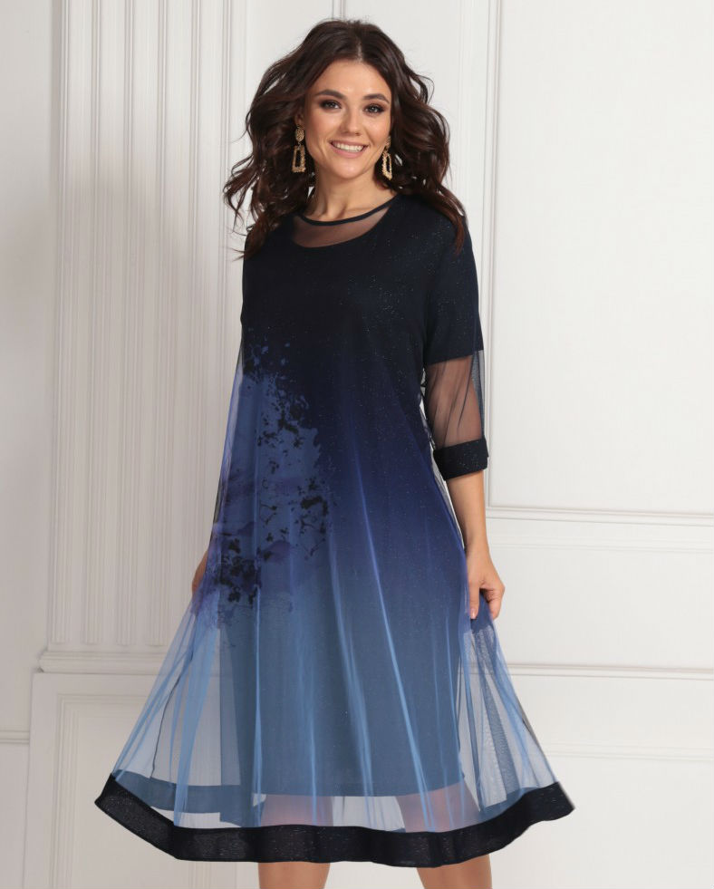 Двойное платье с рисунком на сетке, черно-синее