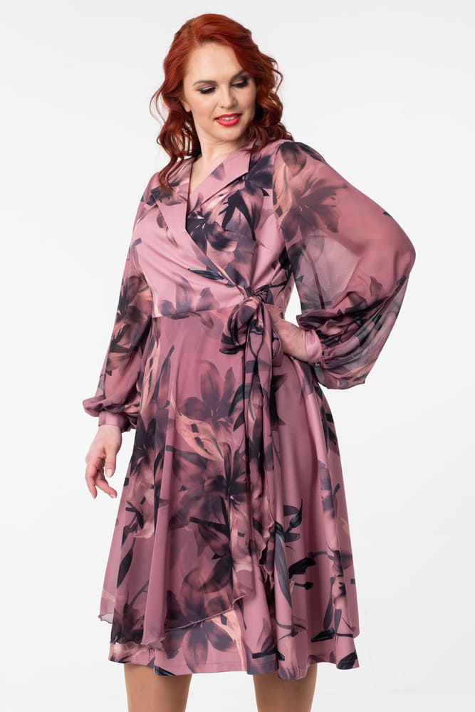 Платье с имитацией запаха и шифоновыми рукавами, розовое
