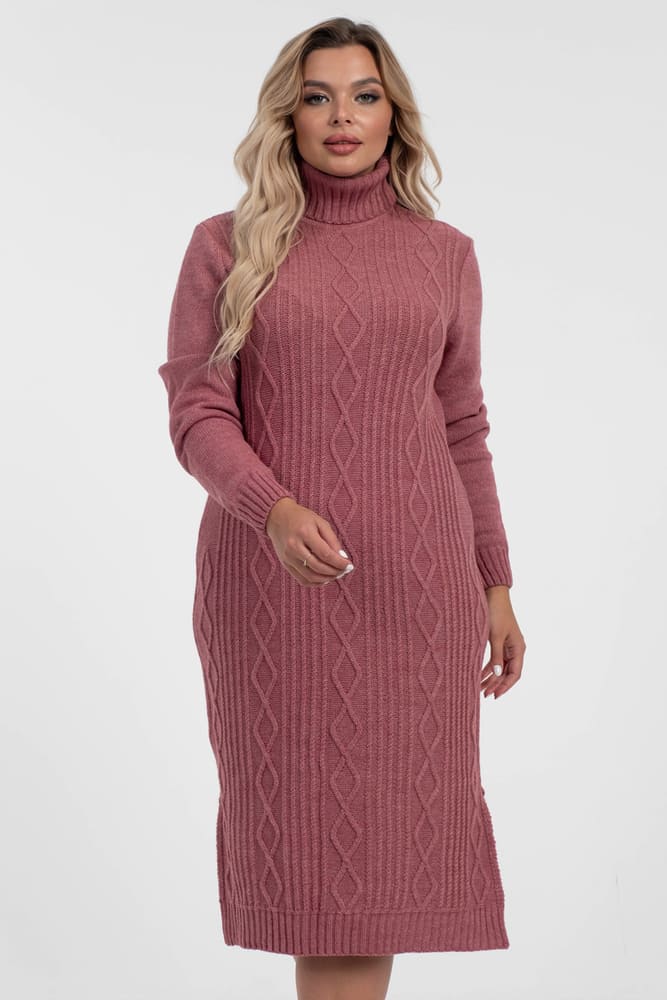 Длинное вязаное платье с воротником-стойкой, розовое