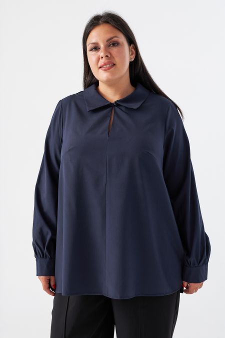 Прямая блузка с отложным воротником, темно-синяя