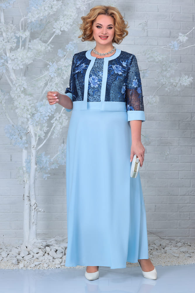 Комплект из платья в пол и гипюровой блузки, голубой