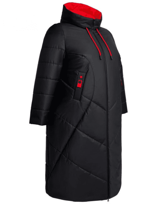 Демисезонное прямое пальто, черное с красным